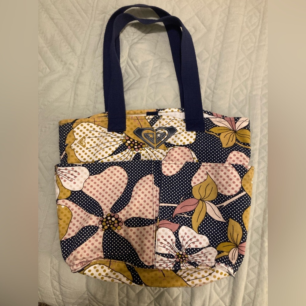 Roxy Floral Tote Bag with Navy Handles